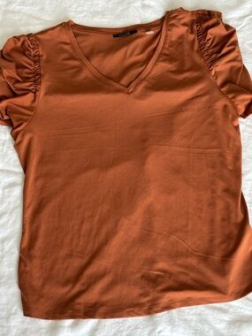 T Tahari Rust V-Neck Short Sleeve Top with Ruched Sleeves